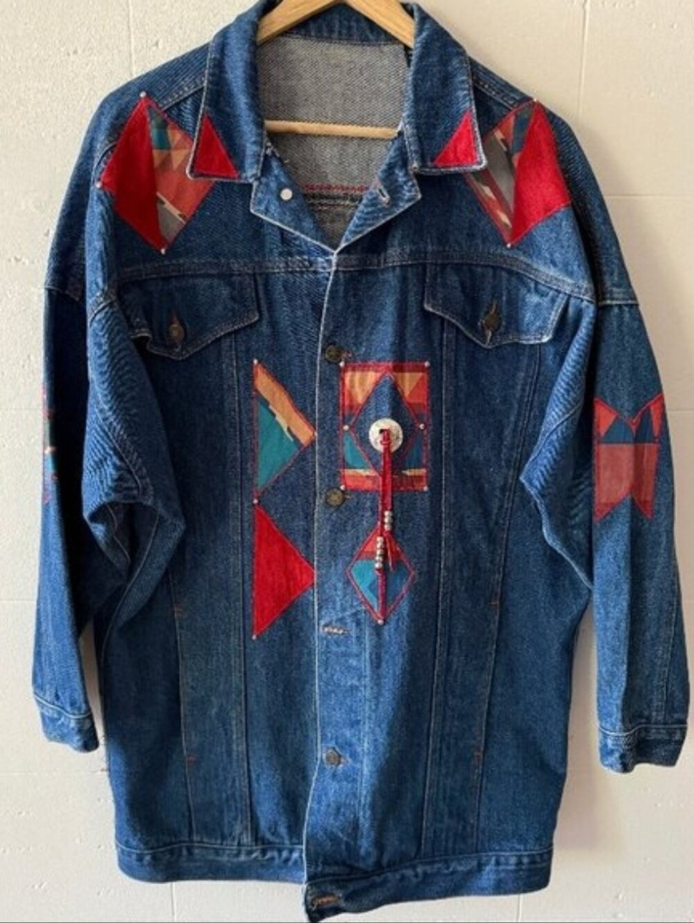 Vintage Azanis Denim Jacket Southwestern Patchwork Beaded Oversized XL